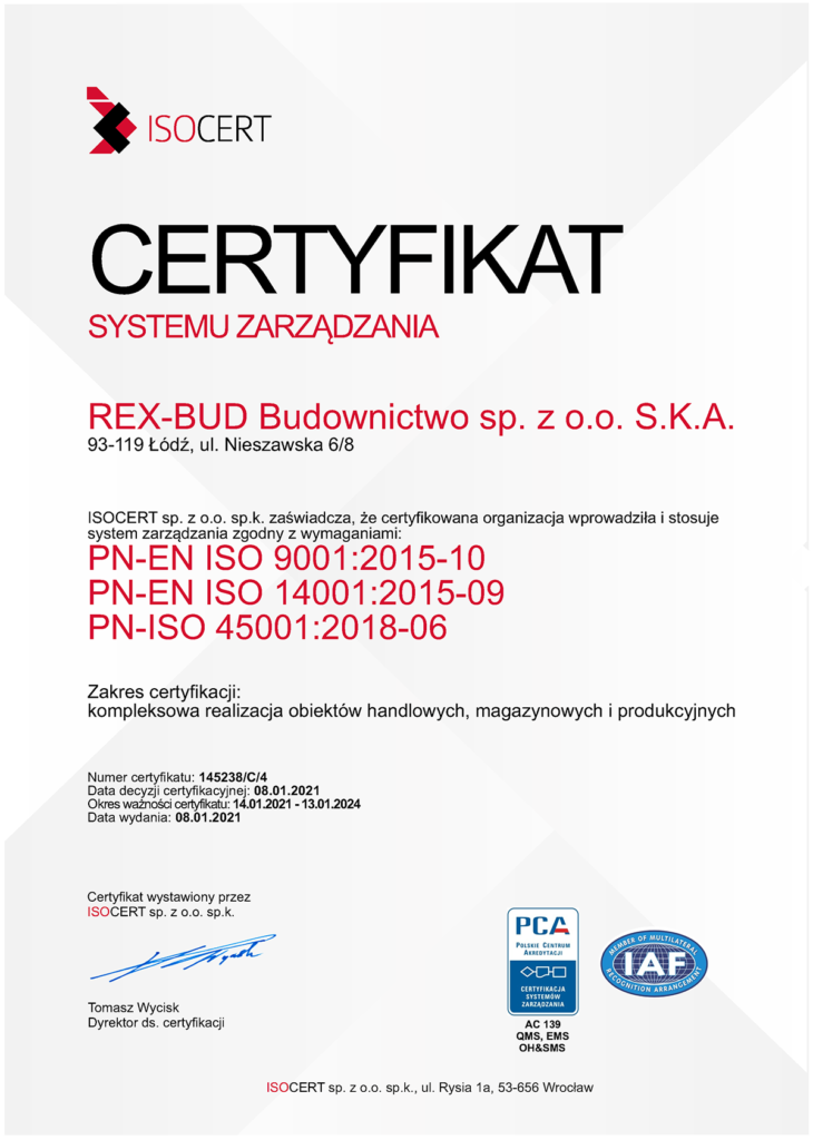 Certyfikat systemu zarządzania isocert dla generalnego wykonawcy - Rex-bud budownictwo